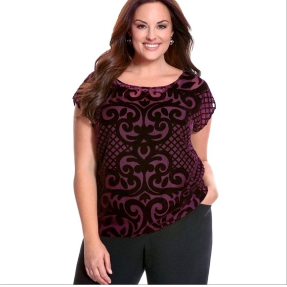 Lane Bryant Tops - Lane Bryant Burgundy Velvet Detail Sheer Blouse Size 14/16
